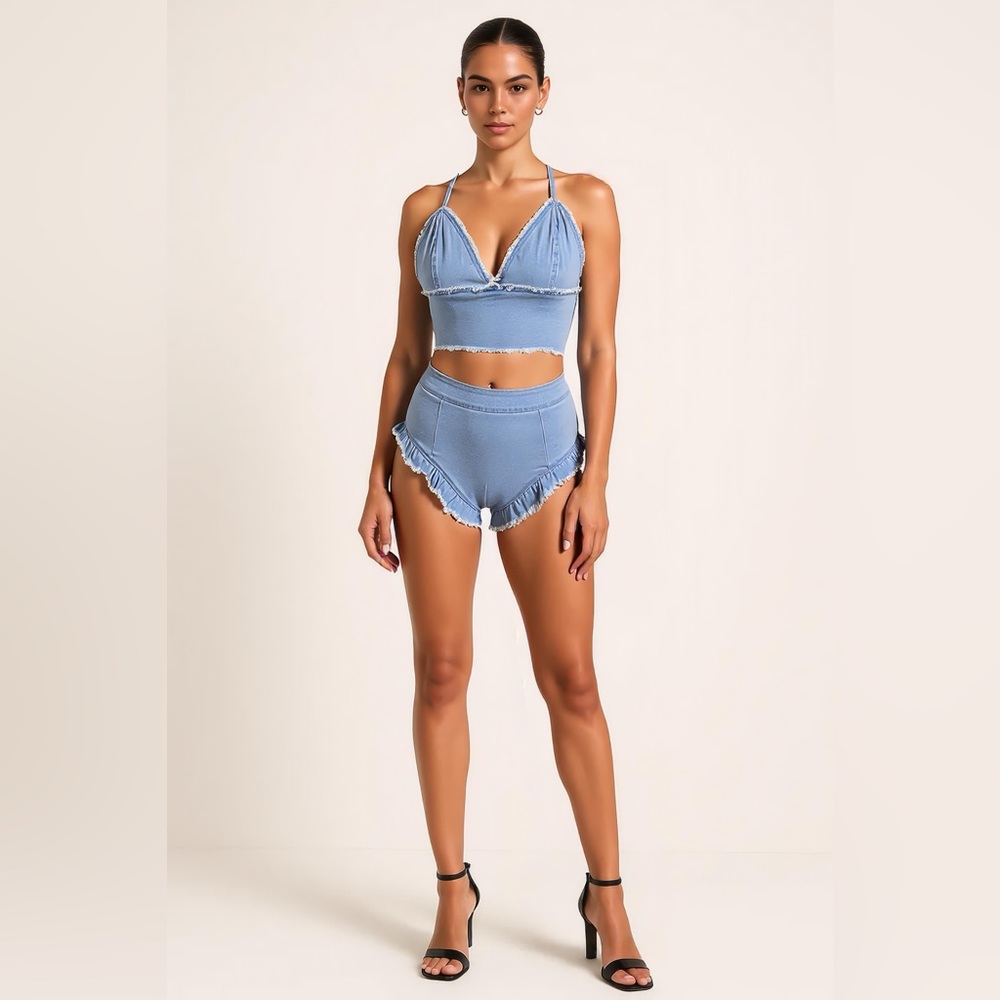 Light Blue Ruffle Denim Two-Piece Set